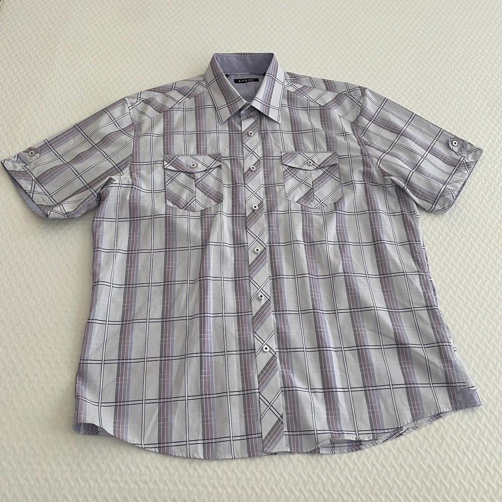 Men's 2XL Purple Plaid Casual 100% Cotton Button Down Shirt Zagiri Formal Office